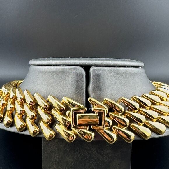 Napier Gold Plated Diagonal Link Triple Line Necklace Heavy Chunky Vintage 1980 - Picture 3 of 9